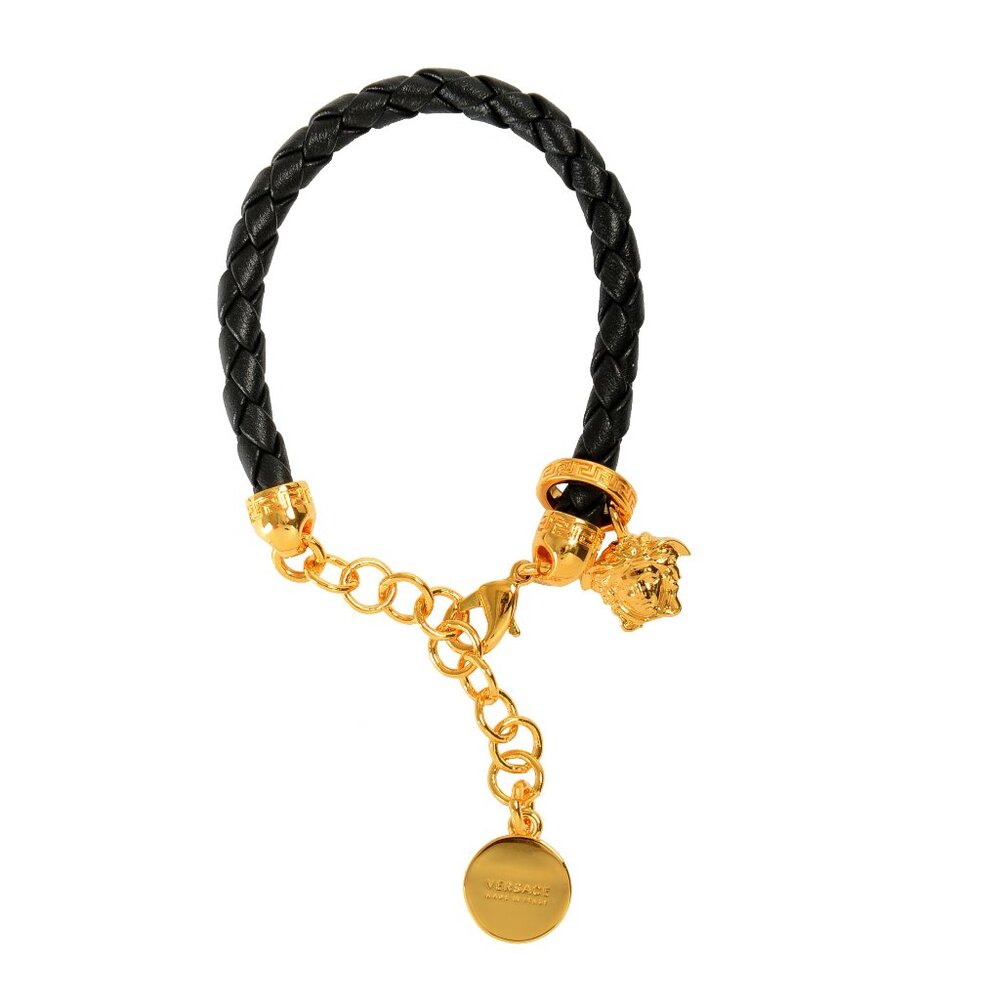 Versace Black Braided Leather Gold Color Medusa Head Charm Adjustable Bracelet